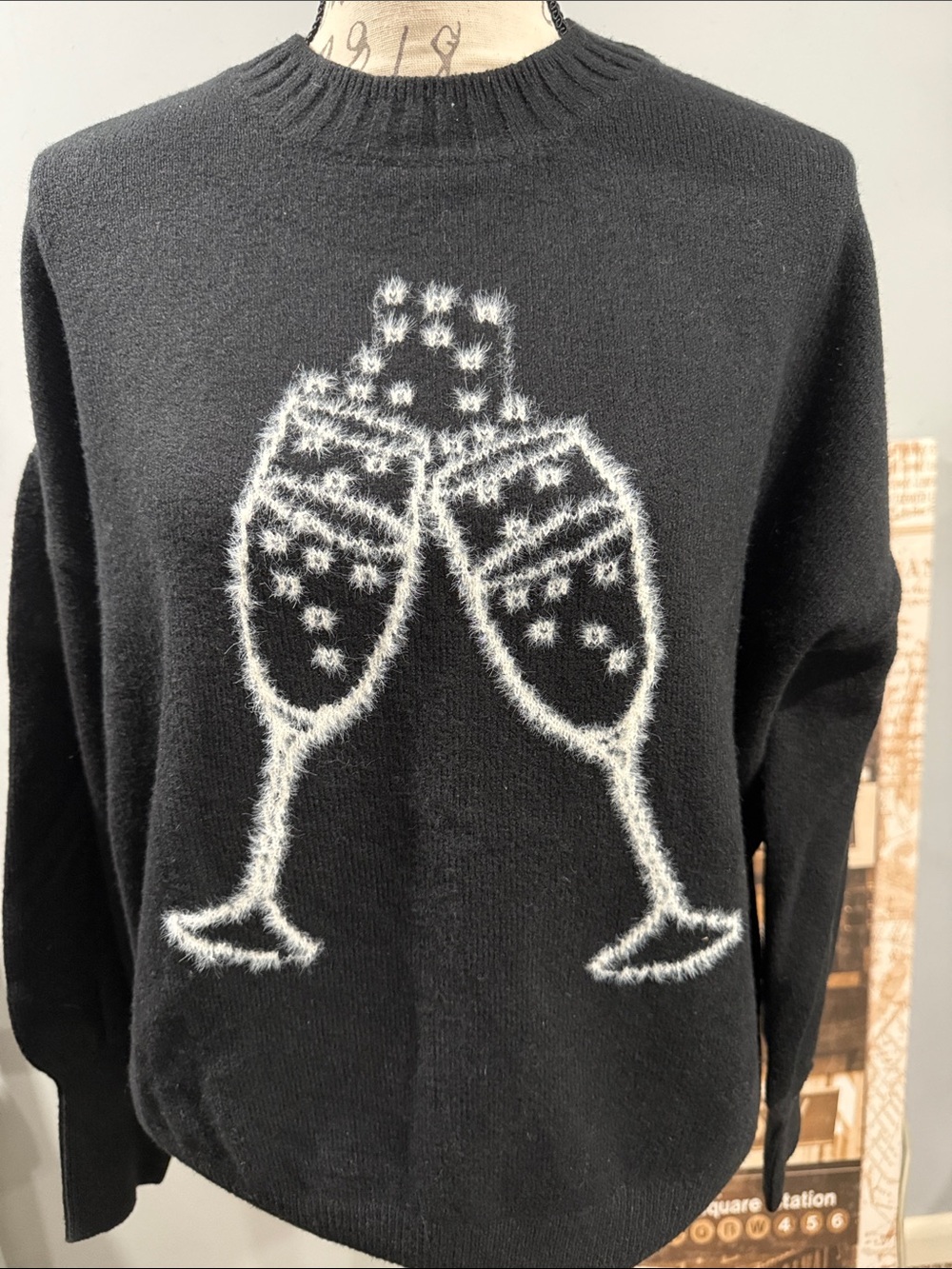 LOFT Black Crewneck Sweater with White Champagne Glass Motif